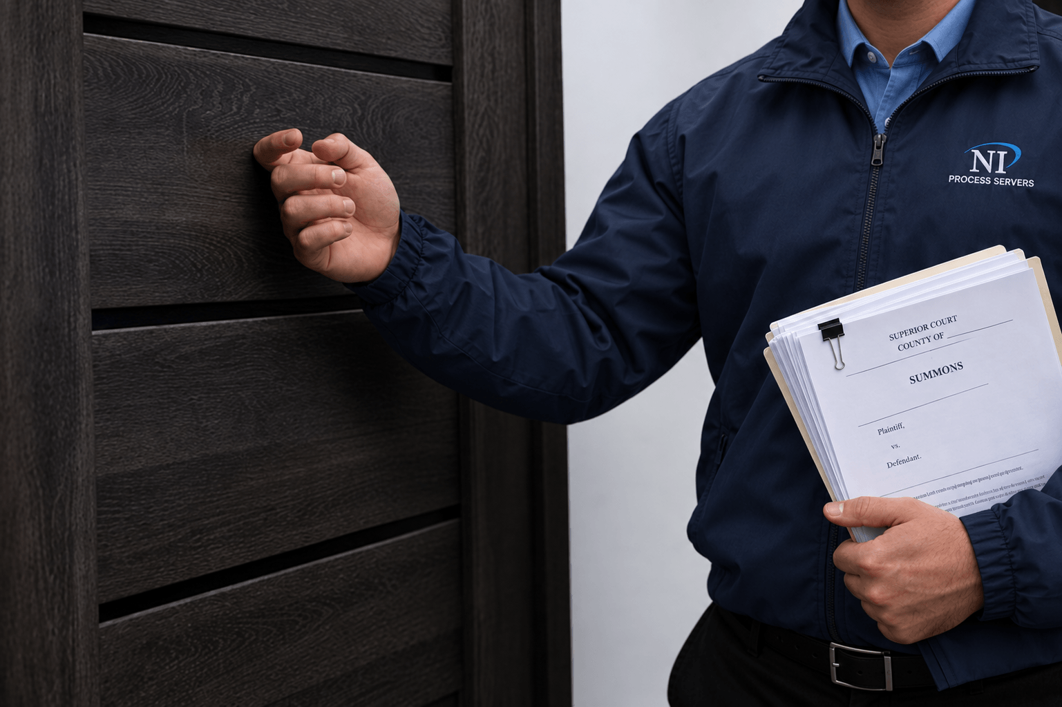 Process server wearing a navy jacket with an NI Process Servers logo holding legal documents knocking on a dark wooden door